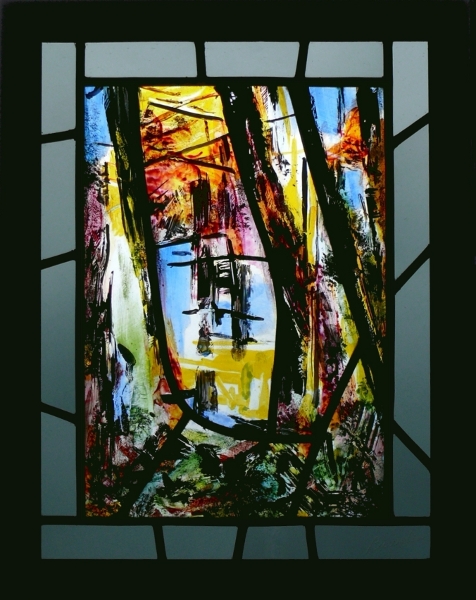 Vosges du Nord , près de Dabo, marche en forêt,  vitrail (stained glass) de Bosselin peintre verrier à Fécamp, Normandie, pays de caux, côte d' Albatre